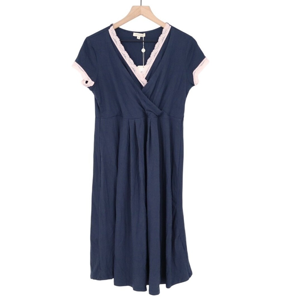 Kimi+Kai Nightgown Dress Womens M Navy Stretch Pleated Lace Trim Short Sleeve - Picture 2 of 8
